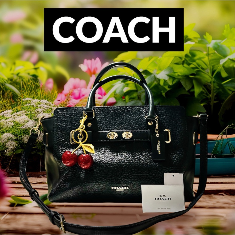 COACH soho Black Leather Carryall crossbody bag Satchel with Red Cherry Charm - Picture 11 of 17